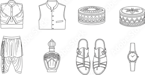 Collection of traditional Indian and South Asian clothing and accessories featuring outline vector illustrations for cultural design projects and fashion concepts