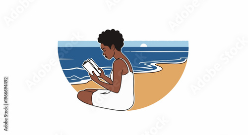 Young woman reading a book on a sandy beach by the blue ocean