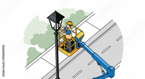 Worker in lift bucket repairs street lamp