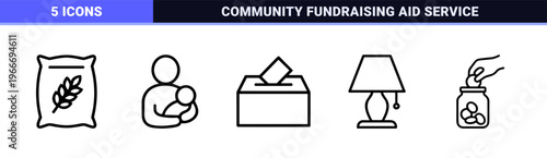 Humanitarian Aid and Charity Donation Line Icons Featuring Minimalist Monoline Symbols for Non-Profit Fundraising and Social Support Projects.