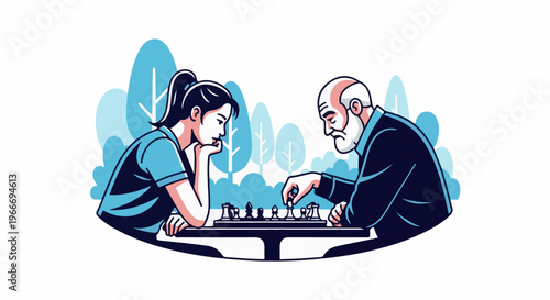 Youthful concentration meets seasoned wisdom over a chessboard in a park setting