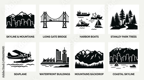 Vancouver Landmarks and Coastal Nature Silhouette Vector Icon Set – Scenic Vectors Featuring Lions Gate Bridge, Stanley Park Trees, Seaplanes, and Waterfront Buildings in Minimalist Black Profiles