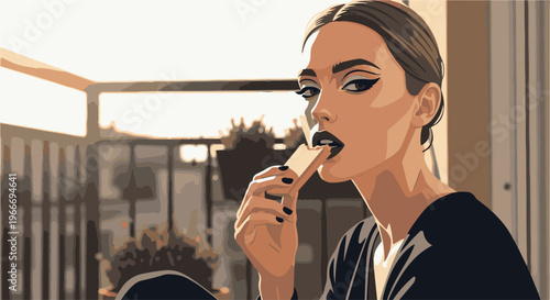 Woman with dark lipstick eats a biscuit outdoors at sunset