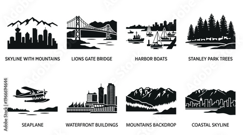 Vancouver Landmarks and Coastal Nature Silhouette Vector Icon Set – Scenic Vectors Featuring Lions Gate Bridge, Stanley Park Trees, Seaplanes, and Waterfront Buildings in Minimalist Black Profiles