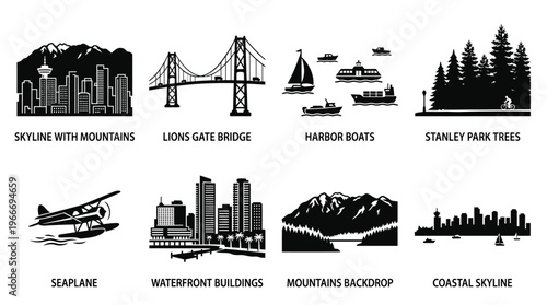 Vancouver Landmarks and Coastal Nature Silhouette Vector Icon Set – Scenic Vectors Featuring Lions Gate Bridge, Stanley Park Trees, Seaplanes, and Waterfront Buildings in Minimalist Black Profiles