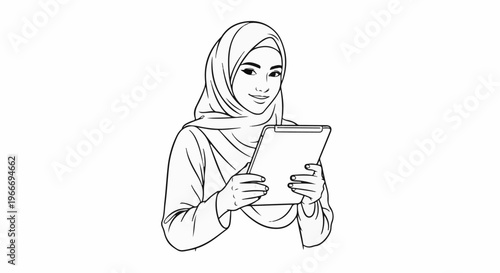 Woman wearing a hijab smiles while holding a tablet device