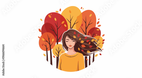 Woman with flowing hair amongst autumn trees in vibrant colors