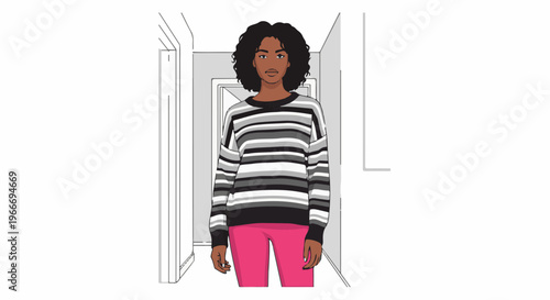Woman with afro hair stands in a hallway wearing striped sweater and pink pants