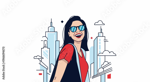 Woman wearing sunglasses smiles amidst stylized city buildings and clouds