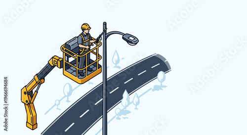 Worker in lift bucket repairs street light over road with trees