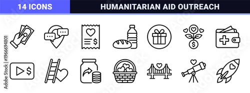 Humanitarian Aid and Charity Minimalist Geometric Outline Icons for Non-Profit Organizations and Community Support Campaigns