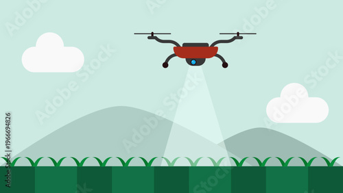2D drone scanning crop field showing aerial farmland monitoring with digital scanning lines and data overlay. Smart farming and AI Powered precision agriculture concept