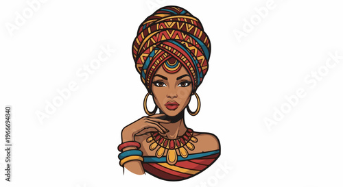 Woman with colorful turban and traditional jewelry, hand to chin