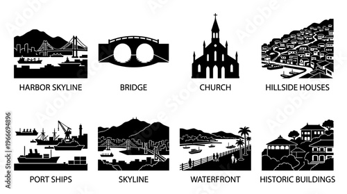 Nagasaki Landmarks and Hillside Harbor Silhouette Vector Icon Set – Elegant Vectors Featuring Port Ships, Historic Churches, Bridges, and Waterfront Views in Minimalist Black Profiles