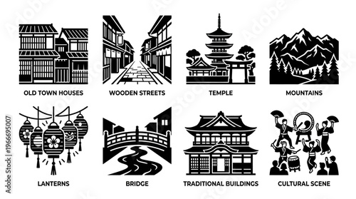 Nagasaki Landmarks and Hillside Harbor Silhouette Vector Icon Set – Elegant Vectors Featuring Port Ships, Historic Churches, Bridges, and Waterfront Views in Minimalist Black Profiles
