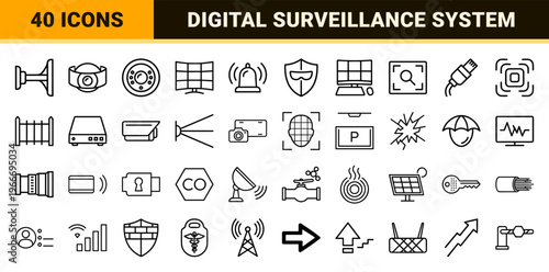 CCTV Surveillance Monitoring System and Security Technology Essentials Minimalist Geometric Monoline Outline Vector Graphic Grid