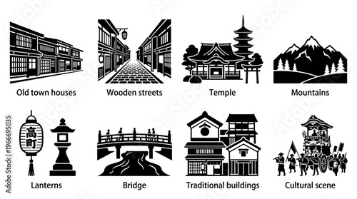 Nagasaki Landmarks and Coastal Cityscape Silhouette Vector Icon Set – Stylish Vectors Featuring Port Ships, Suspension Bridges, Historic Churches, Hillside Houses, and Waterfront Views in Minimalist B