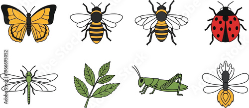 Collection of various colorful insects and a green leaf illustrated in a charming flat vector style perfect for educational materials or nature-themed designs