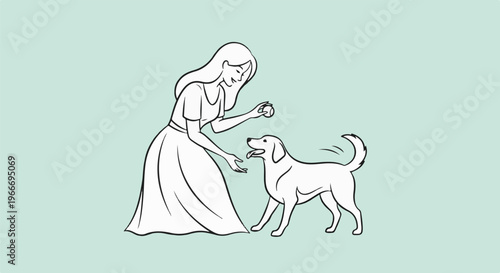 Woman playing fetch with her dog on a pale green background