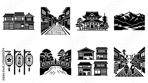 Nagasaki Landmarks and Coastal Cityscape Silhouette Vector Icon Set – Stylish Vectors Featuring Port Ships, Suspension Bridges, Historic Churches, Hillside Houses, and Waterfront Views in Minimalist B