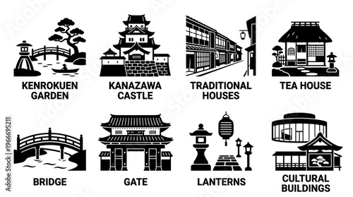 Kanazawa Landmarks and Traditional Architecture Silhouette Vector Icon Set – Elegant Vectors Featuring Kenrokuen Garden, Kanazawa Castle, Tea Houses, Lanterns, and Bridges in Minimalist Black Profiles
