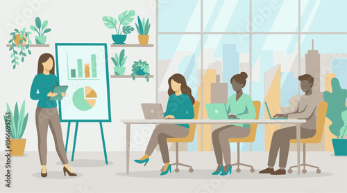 Business Team Meeting Presentation and Collaboration in Modern Office