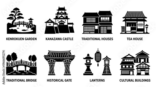 Kanazawa Landmarks and Traditional Architecture Silhouette Vector Icon Set – Elegant Vectors Featuring Kenrokuen Garden, Kanazawa Castle, Tea Houses, Lanterns, and Bridges in Minimalist Black Profiles