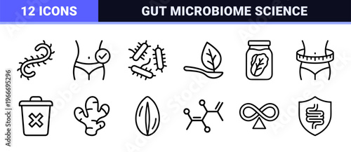 Probiotics and Digestive Health Linear Icon Set Featuring Gut Microbiome, Stomach Care, and Fermented Food Nutrition in Minimalist Monoline Style