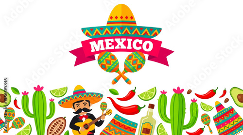 Vibrant Mexican Fiesta Celebration Banner with Mariachi, Sombrero, Maracas, Cactus, and Tequila for Cinco de Mayo Party Design
