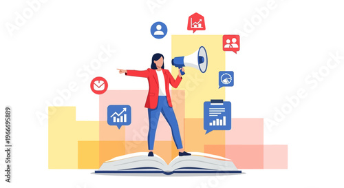Woman announcing with megaphone marketing illustration on transparent background silhouette