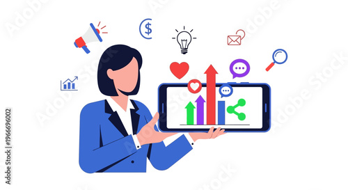 Woman presenting a phone with business icons on transparent background silhouette