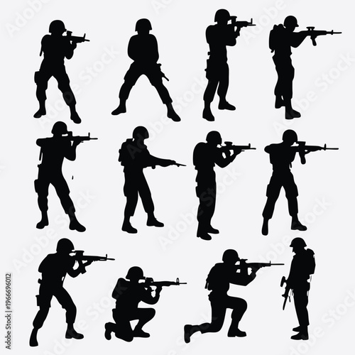 Diverse collection of soldier silhouettes depicting military personnel in tactical combat positions with rifles