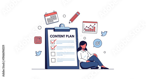 Content planning with calendar checklist and woman silhouette on transparent background