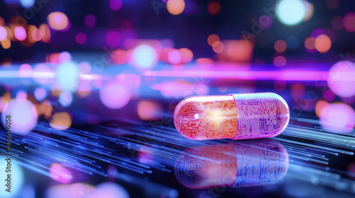 Glowing medicine pill with vibrant colors and futuristic design, reflecting light digital environment, evokes sense