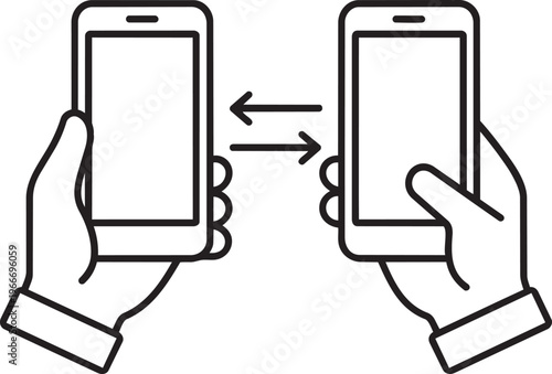Two hands holding smartphones facing each other with exchange arrows representing digital money transfer transaction line vector