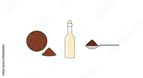 Flat lay of chocolate cookie, bottle, and spoon with cocoa powder on a clean white background.