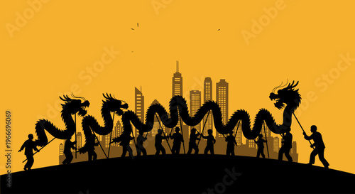 Chinese dragon dance performance in front of a cityscape on transparent background silhouette