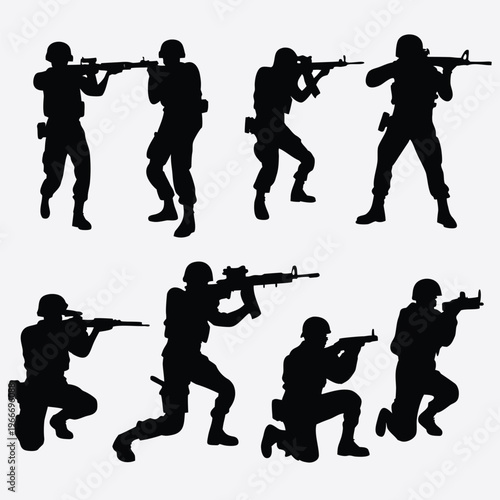 Collection of soldier silhouettes showcasing military tactical gear and combat ready poses with rifles
