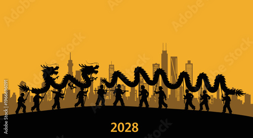 Chinese dragon dance performance with people and skyline silhouette on transparent background