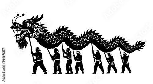 A detailed black dragon boat race with rowers on transparent background silhouette