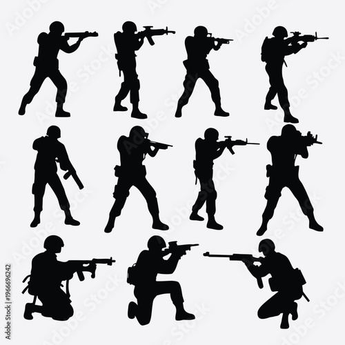 Diverse collection of twelve armed soldier silhouettes executing various tactical combat maneuvers and shooting positions