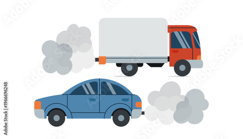 Illustration of transport air pollution with car and truck emitting exhaust gases. For environmental awareness, ecology projects and educational materials.