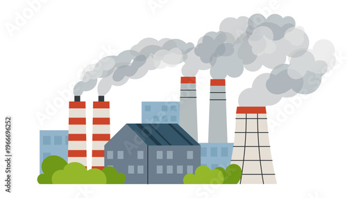 Factory with smokestacks releasing pollution into the air. Concept of industrial emissions and environmental damage for ecology and climate awareness.