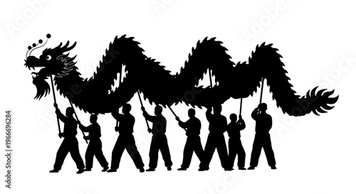 A traditional chinese dragon dance performance with people on transparent background silhouette