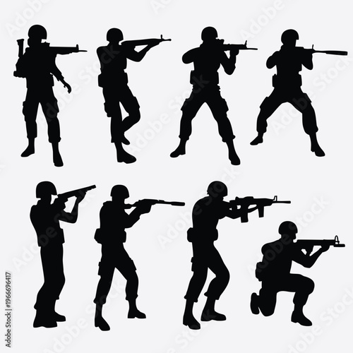 Vast assortment of military soldier silhouettes in various tactical combat positions with firearms
