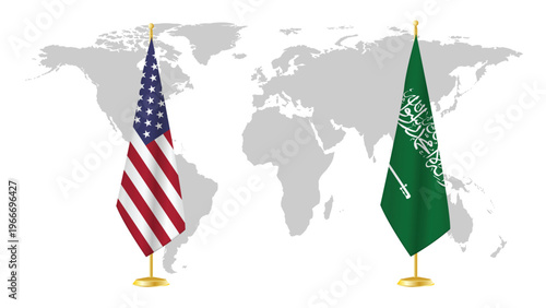USA and Saudi Arabia stand flags on world map background. Symbolic of diplomatic relations, unity, and Middle Eastern partnership. 3D rendered international concept design .