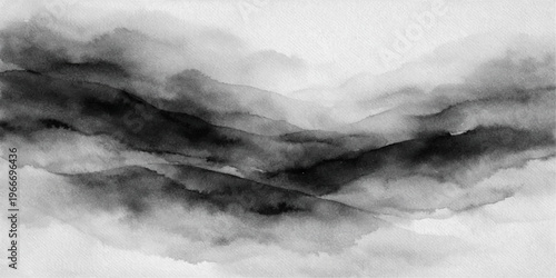 A dramatic black and white smoke background meets a stormy nature landscape where dark clouds and mist shroud a winter mountain under the faint light of a cold sunset