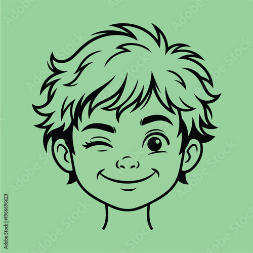Smiling Cartoon Boy Face Closeup.
