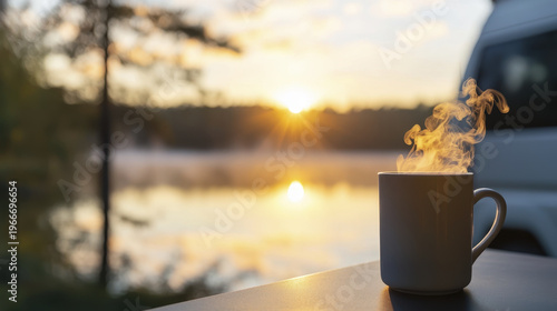 Serene moment of peace with steaming cup of coffee by tranquil lake at sunrise, surrounded by nature beauty