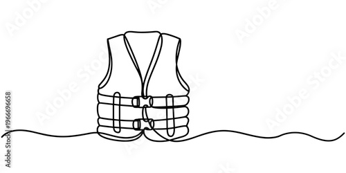 Life jacket safety flotation vest rescue monoline one continuous line art vector illustration, Life jacket continuous one line art drawing safety vest vector illustration, Life jacket to prevent drawn